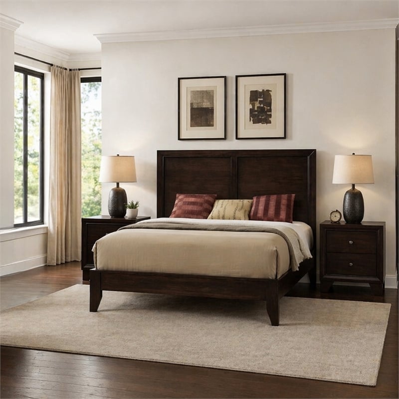 Queen Size Bedroom Set- Brown Finish- 3-Piece Set with Bed and Two Nightstands