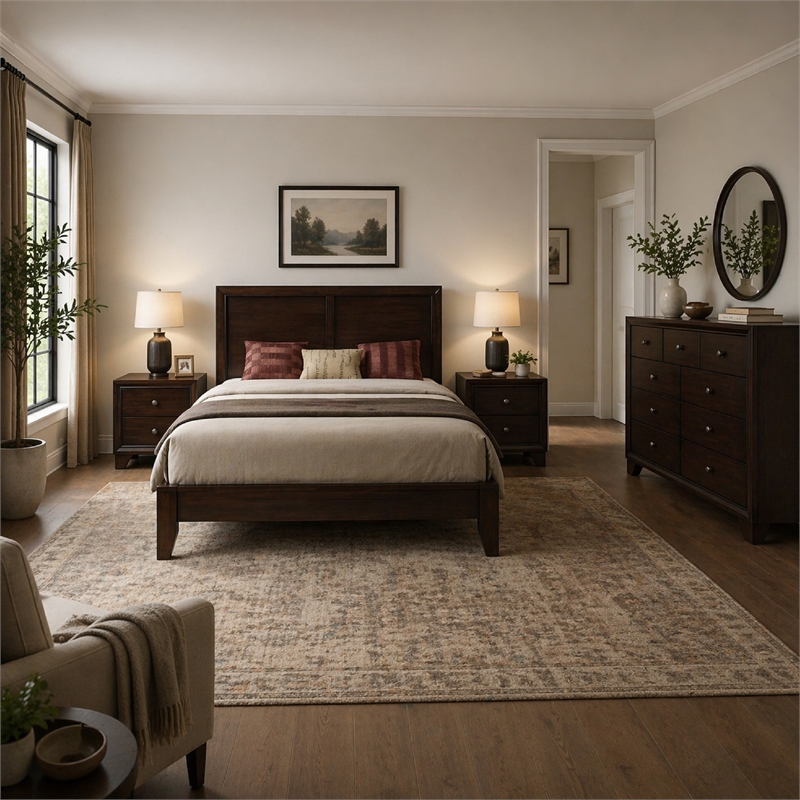 Queen Bedroom Set-Wood Design-Brown-4-Piece Set with Bed- Nightstands-Dresser