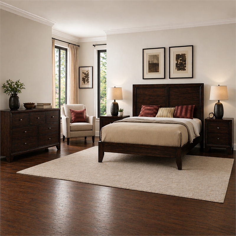 Queen Bedroom Set-Wood Design-Brown-4-Piece Set with Bed- Nightstands-Dresser