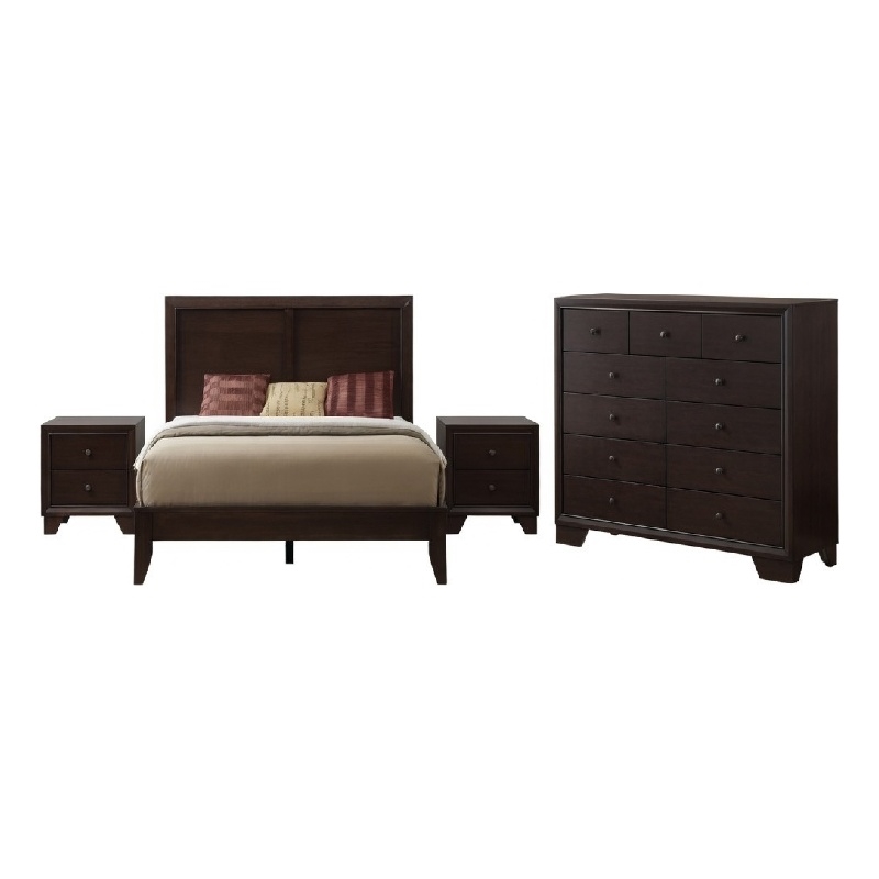 Queen Bedroom Set-Wood Design-Brown-4-Piece Set with Bed- Nightstands-Dresser
