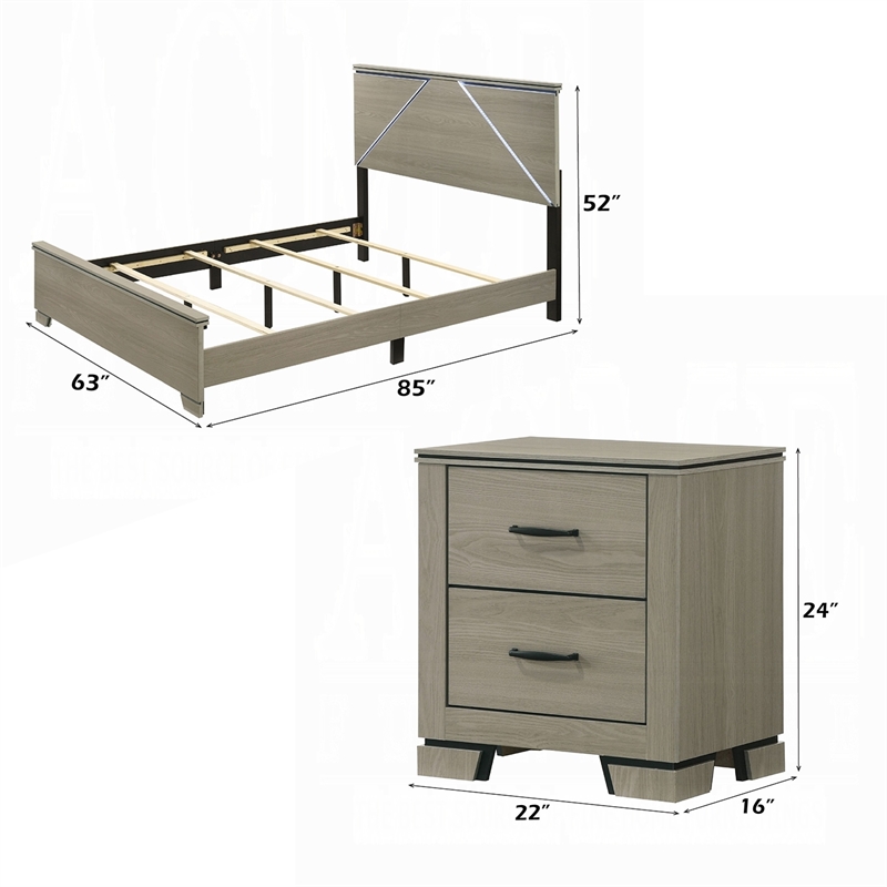 Queen Size Bedroom Set-Gray-Panel Headboard- 2-Piece Set with Bed and Nightstand
