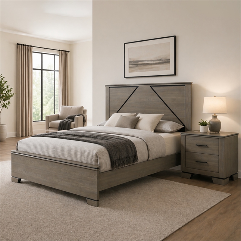 Queen Size Bedroom Set-Gray-Panel Headboard- 2-Piece Set with Bed and Nightstand