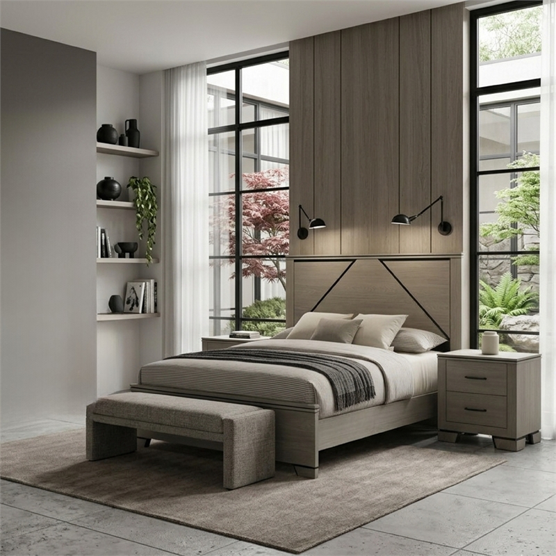 Queen Size Bedroom Set-Gray-Panel Headboard- 2-Piece Set with Bed and Nightstand