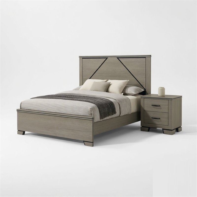 Queen Size Bedroom Set-Gray-Panel Headboard- 2-Piece Set with Bed and Nightstand