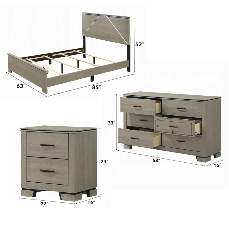 Queen Size Bedroom Set-Gray-Panel Headboard-4-Piece Set-Bed-2 Nightstand-Dresser