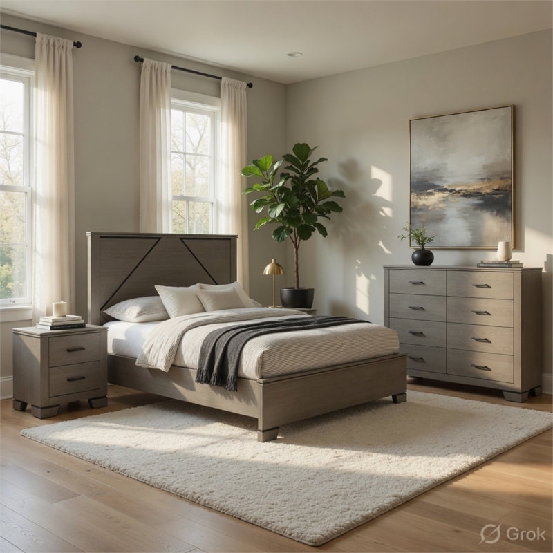 Queen Size Bedroom Set-Gray-Panel Headboard-4-Piece Set-Bed-2 Nightstand-Dresser