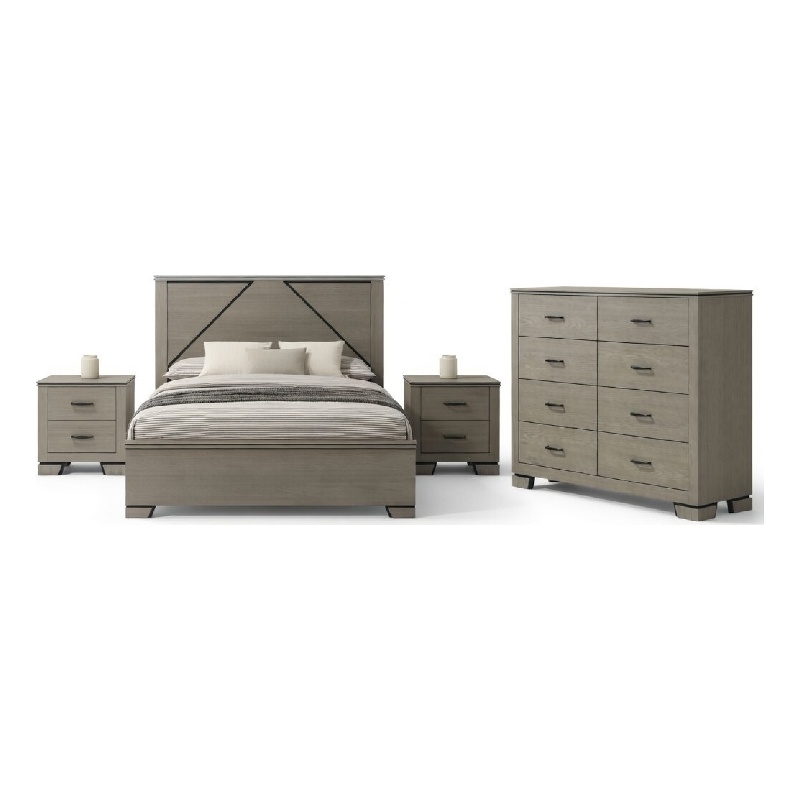 Queen Size Bedroom Set-Gray-Panel Headboard-4-Piece Set-Bed-2 Nightstand-Dresser