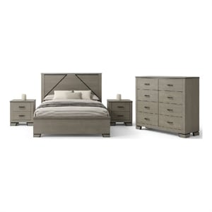 Queen Size Bedroom Set-Gray-Panel Headboard-4-Piece Set-Bed-2 Nightstand-Dresser