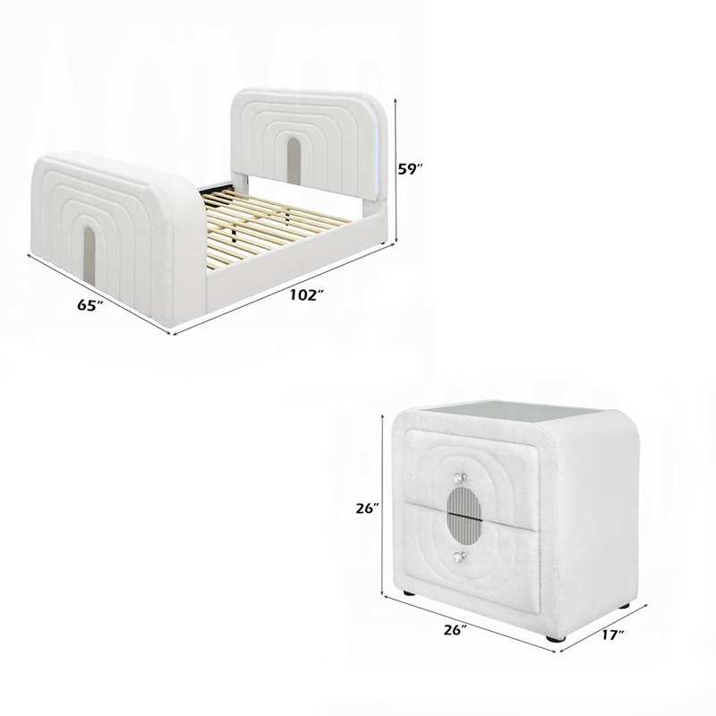 Queen Size Bedroom Set- White Finish- 2-Piece Set with Bed and Nightstand