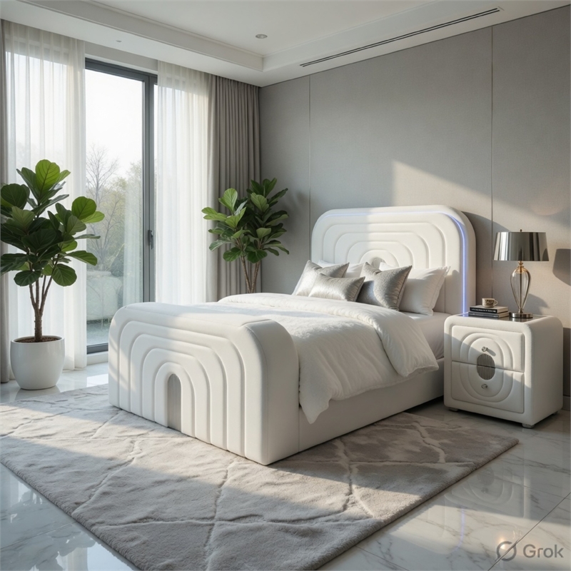 Queen Size Bedroom Set- White Finish- 2-Piece Set with Bed and Nightstand