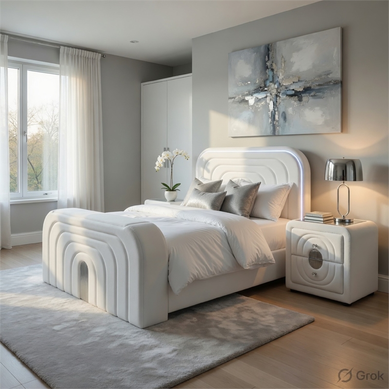Queen Size Bedroom Set- White Finish- 2-Piece Set with Bed and Nightstand