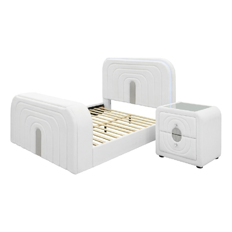 Queen Size Bedroom Set- White Finish- 2-Piece Set with Bed and Nightstand