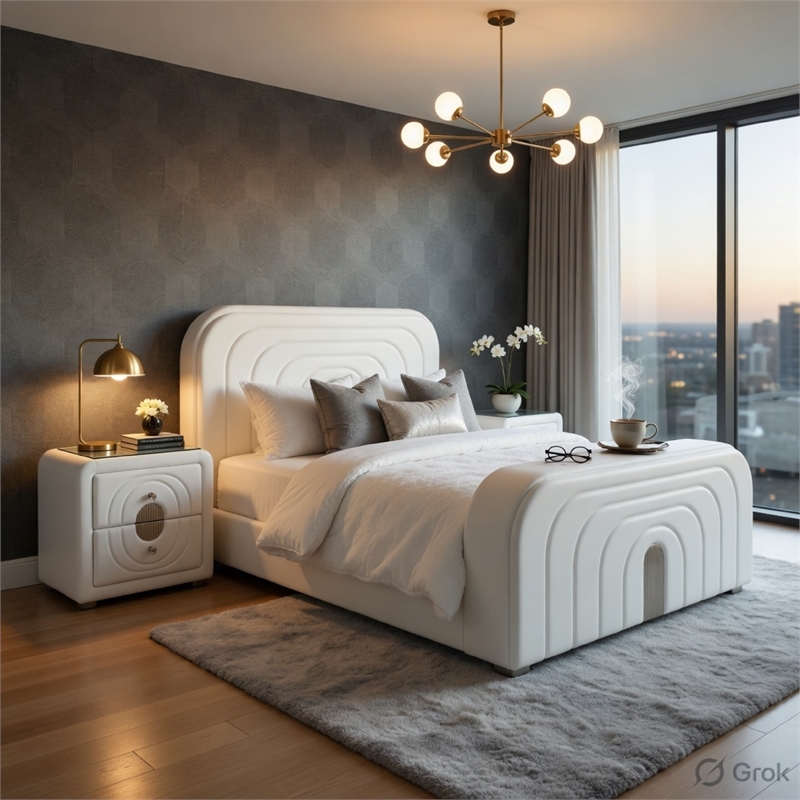 Queen Size Bedroom Set- White Finish- 3-Piece Set with Bed and Two Nightstands