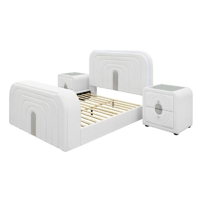 Queen Size Bedroom Set- White Finish- 3-Piece Set with Bed and Two Nightstands