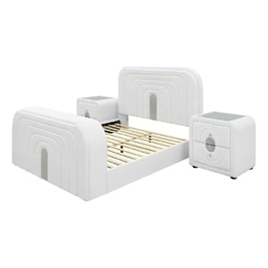 Queen Size Bedroom Set- White Finish- 3-Piece Set with Bed and Two Nightstands