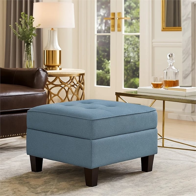 Gey Modular Storage Ottoman- Tufted Cushion- Blue Upholstery 26 Inch