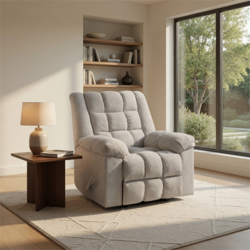 Winy Manual Rocker Reclining Chair- Pillow Grid Tufted Gray Chenille