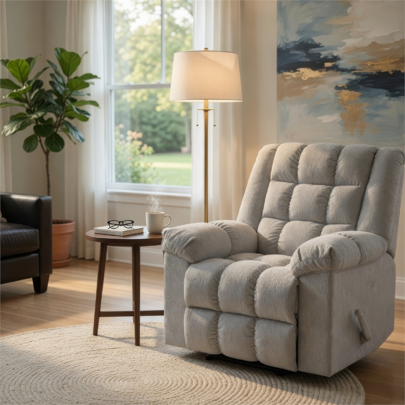 Winy Manual Rocker Reclining Chair- Pillow Grid Tufted Gray Chenille