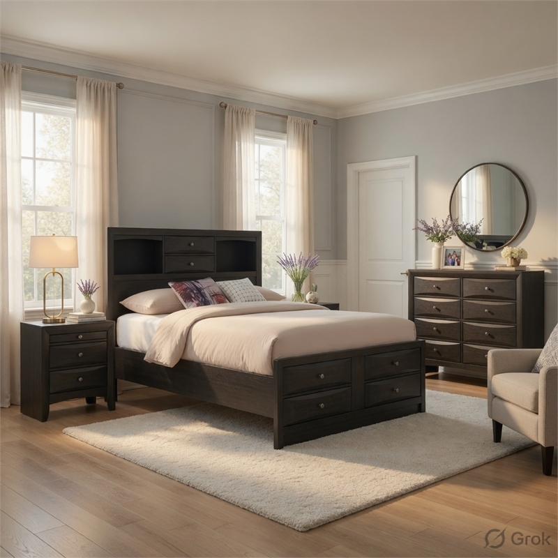 Queen Bedroom Set-Storage Bed with Drawers- 4-Piece Set-Bed-2 Nightstand-Dresser