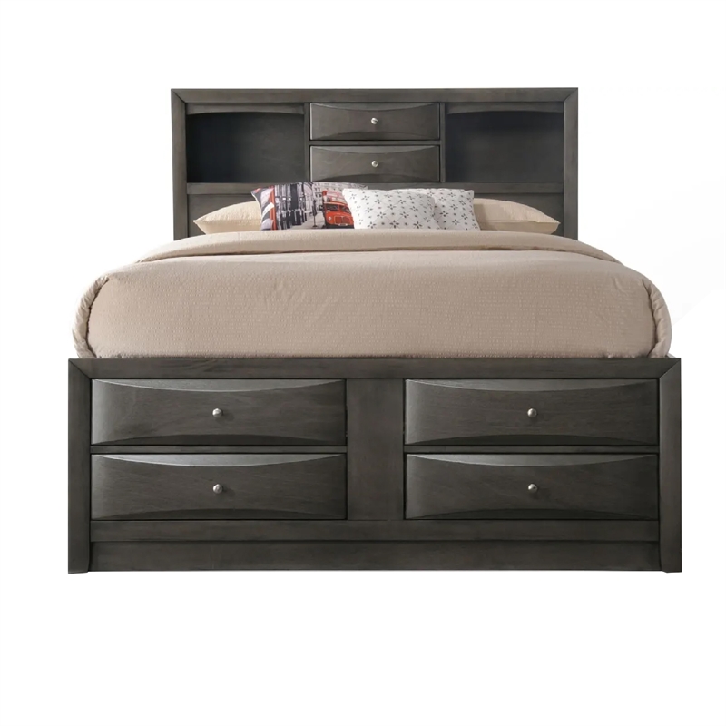Queen Size Bedroom Set- Wood Design-5-Piece Set- Bed-2 Nightstand-Dresser-Mirror