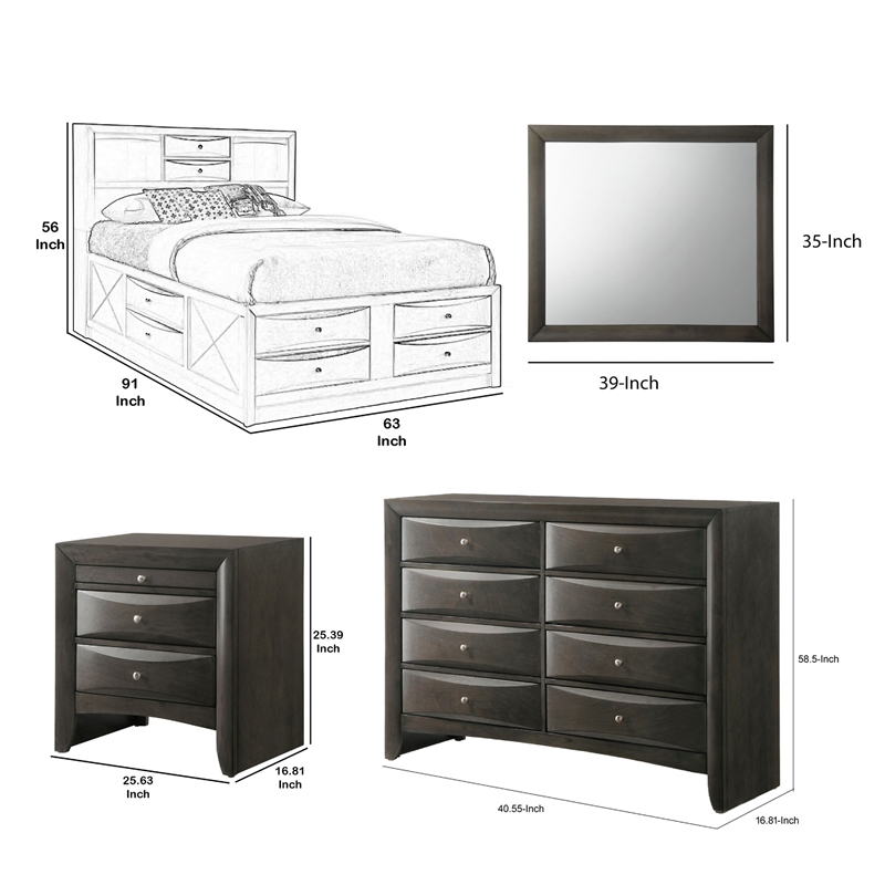 Queen Size Bedroom Set- Wood Design-5-Piece Set- Bed-2 Nightstand-Dresser-Mirror
