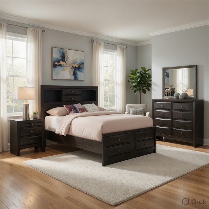Queen Size Bedroom Set- Wood Design-5-Piece Set- Bed-2 Nightstand-Dresser-Mirror