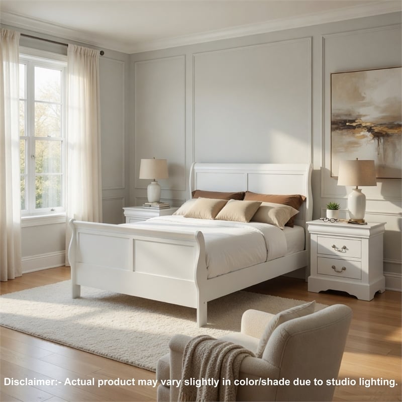 Queen Size Bedroom Set- White Finish- 3-Piece Set with Bed and 2 Nightstand