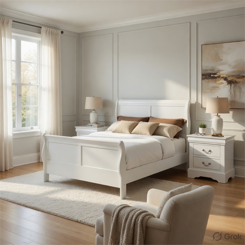 Queen Size Bedroom Set- White Finish- 3-Piece Set with Bed and 2 Nightstand