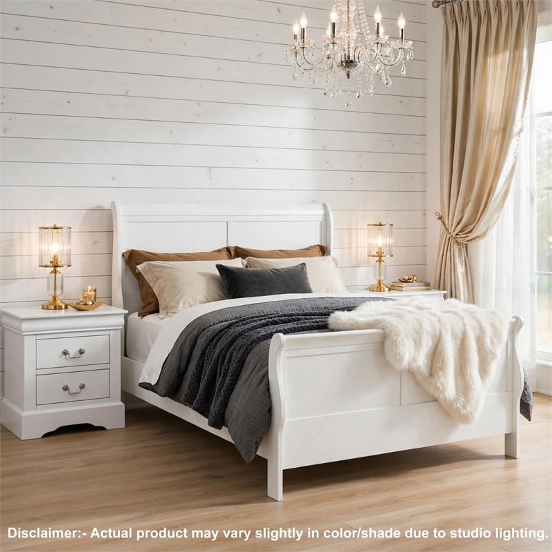 Queen Size Bedroom Set- White Finish- 3-Piece Set with Bed and 2 Nightstand
