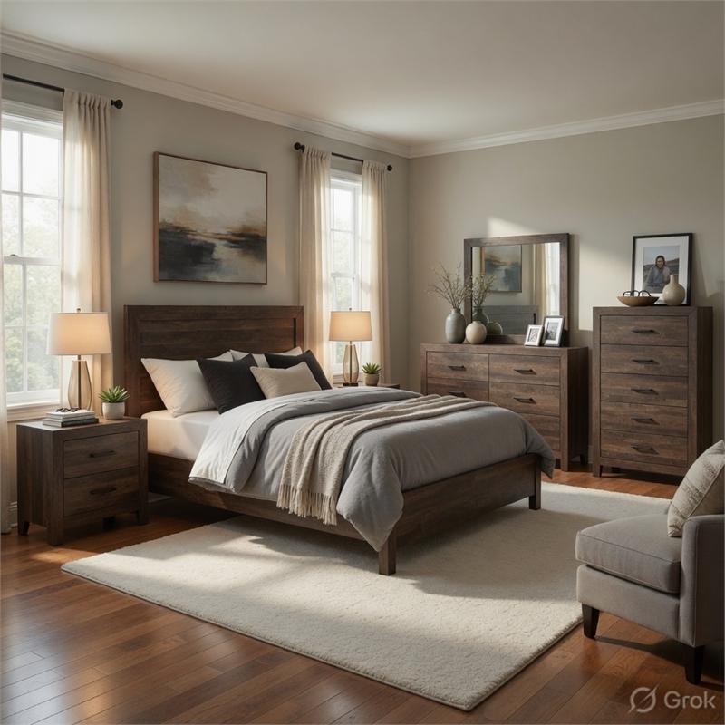 Queen Size Bedroom Set- White Finish- 5-Piece Set with Bed and Two Nightstands