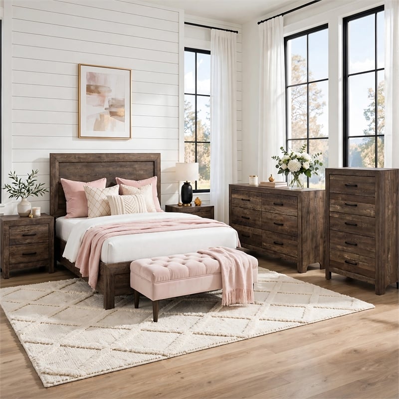 Queen Size Bedroom Set- White Finish- 5-Piece Set with Bed and Two Nightstands