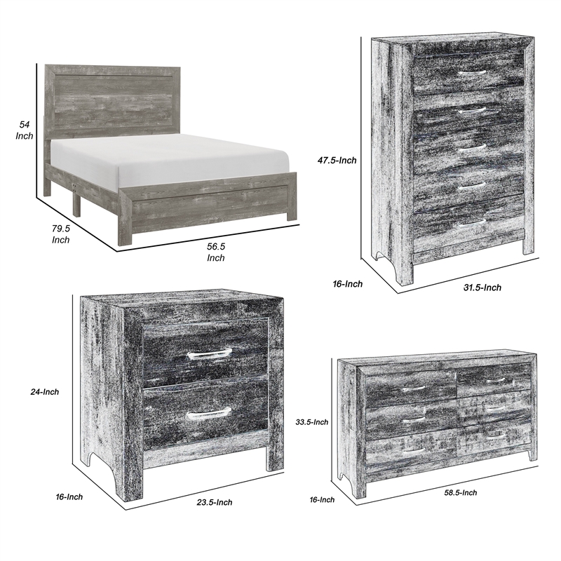 Full Size Bedroom Set- Gray-5-Piece Set with Bed-Nightstand-2 Dresser-Mirror