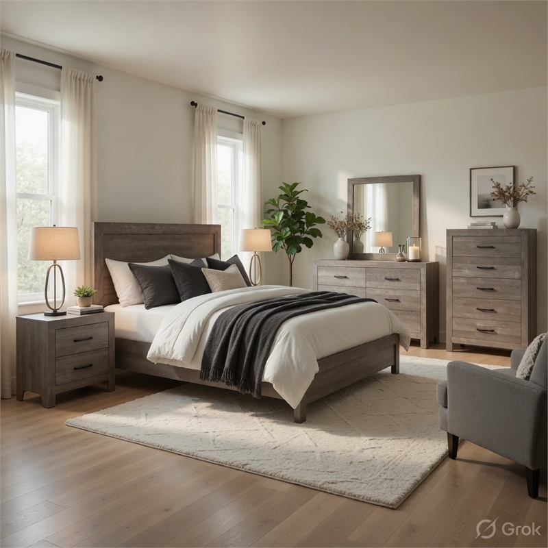 Full Size Bedroom Set- Gray-5-Piece Set with Bed-Nightstand-2 Dresser-Mirror