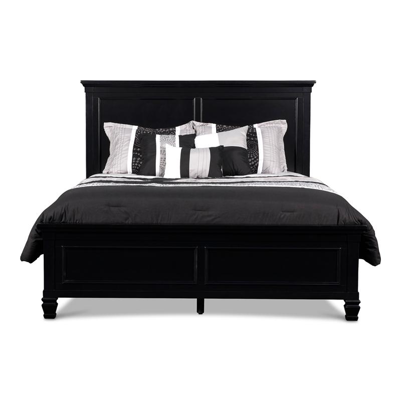 Umi King Size Bed- Solid Wood Panel Headboard- Farmhouse Black
