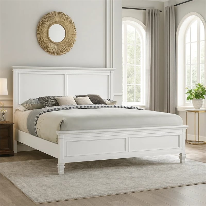 Umi King Size Bed- Solid Wood Panel Headboard- Farmhouse White