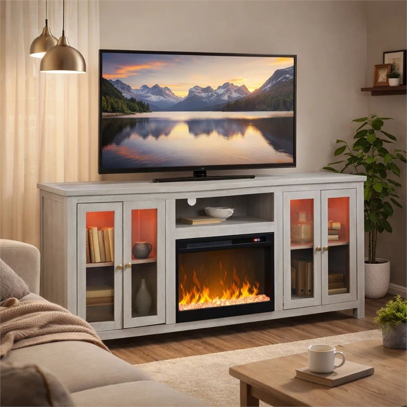 Tony Electric Fireplace TV Stand Cabinet with Heater- 70 Inch Walnut White