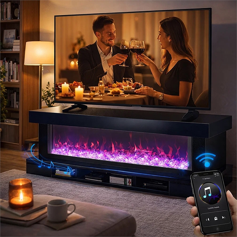 Vista LED Fireplace TV Stand Cabinet with Bluetooth Speaker- 71 Inch Black
