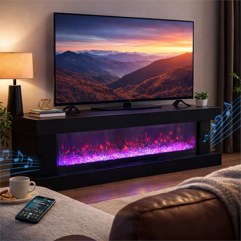 Vista LED Fireplace TV Stand Cabinet with Bluetooth Speaker- 71 Inch Black