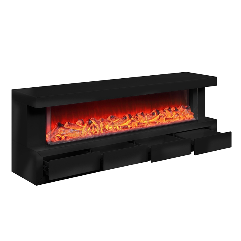 Dori LED Fireplace TV Stand Cabinet with Bluetooth Speaker- 71 Inch Black