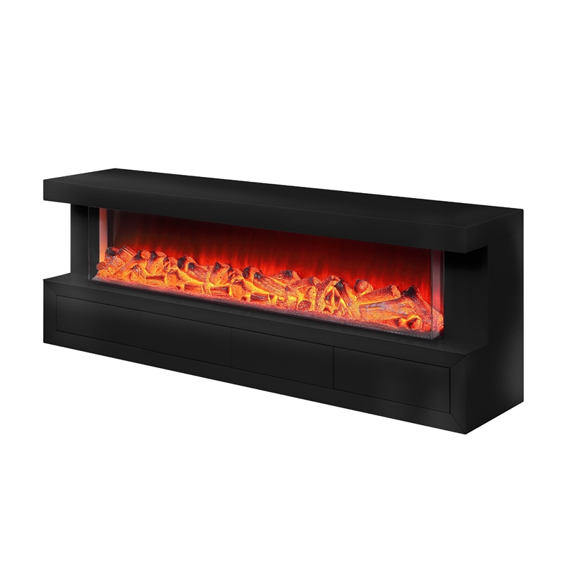 Dori LED Fireplace TV Stand Cabinet with Bluetooth Speaker- 71 Inch Black