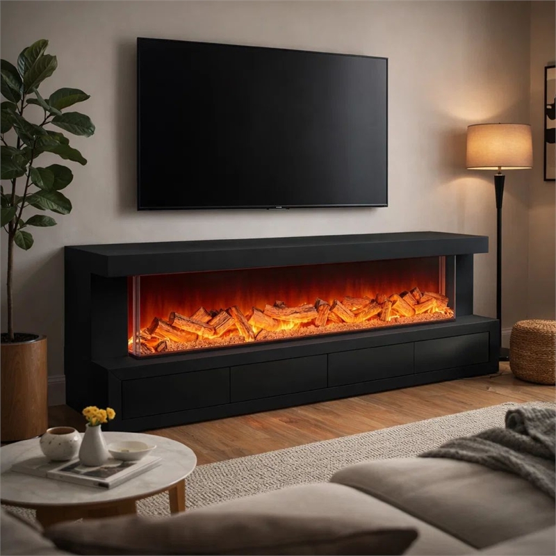 Dori LED Fireplace TV Stand Cabinet with Bluetooth Speaker- 71 Inch Black
