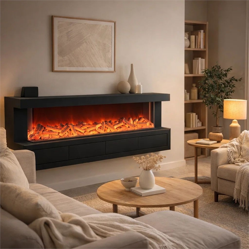 Dori LED Fireplace TV Stand Cabinet with Bluetooth Speaker- 71 Inch Black