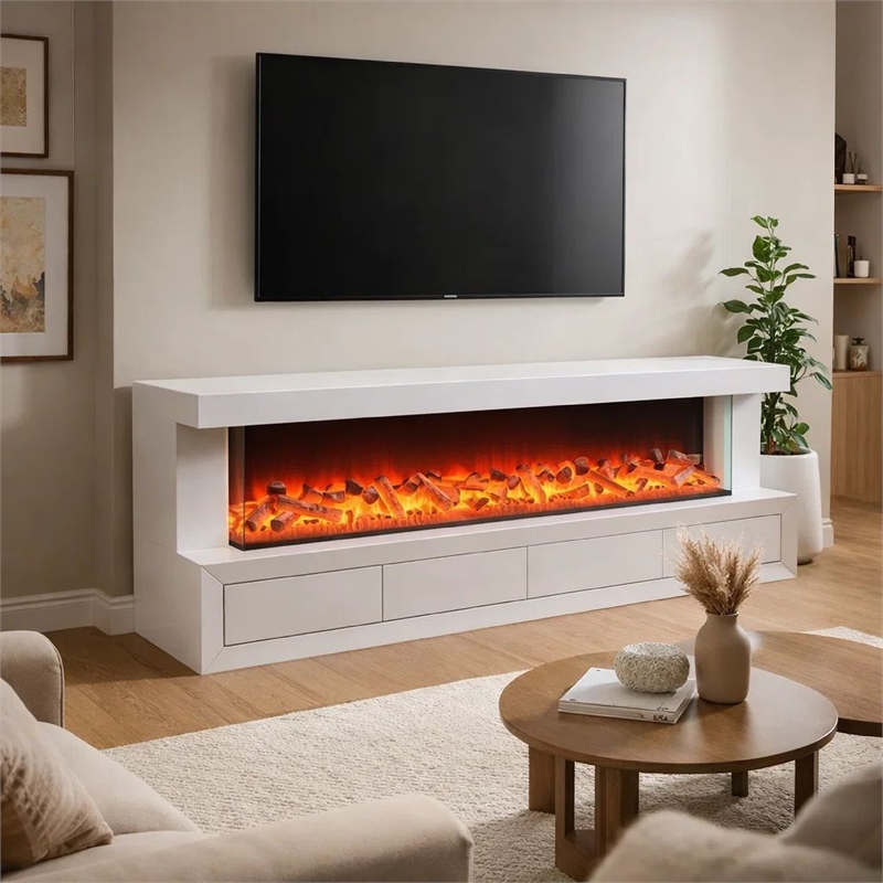 Dori LED Fireplace TV Stand Cabinet with Bluetooth Speaker- 71 Inch White