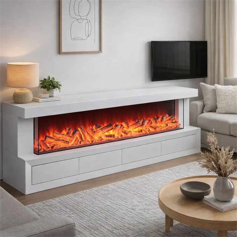 Dori LED Fireplace TV Stand Cabinet with Bluetooth Speaker- 71 Inch White
