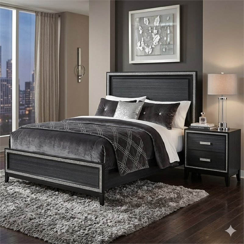 Queen Size Bedroom Set- Black Finish- 2-Piece Set with Bed and Nightstand