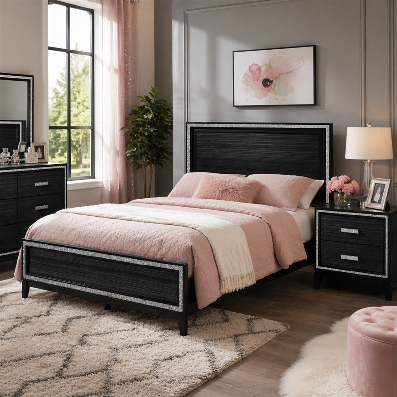 Queen Size Bedroom Set- Black Finish- 2-Piece Set with Bed and Nightstand