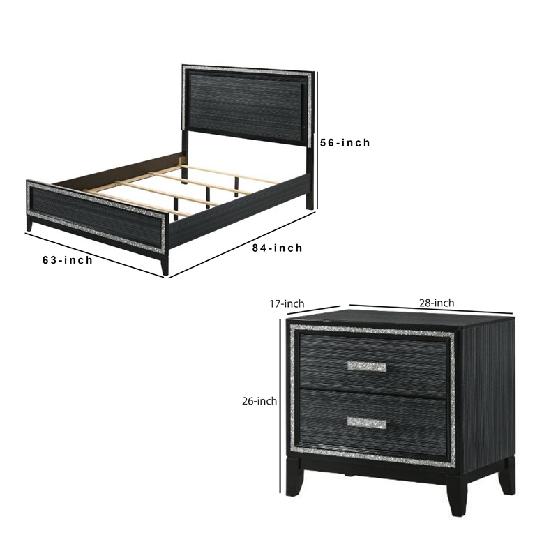 Queen Size Bedroom Set- Black Finish- 3-Piece Set with Bed and Two Nightstands