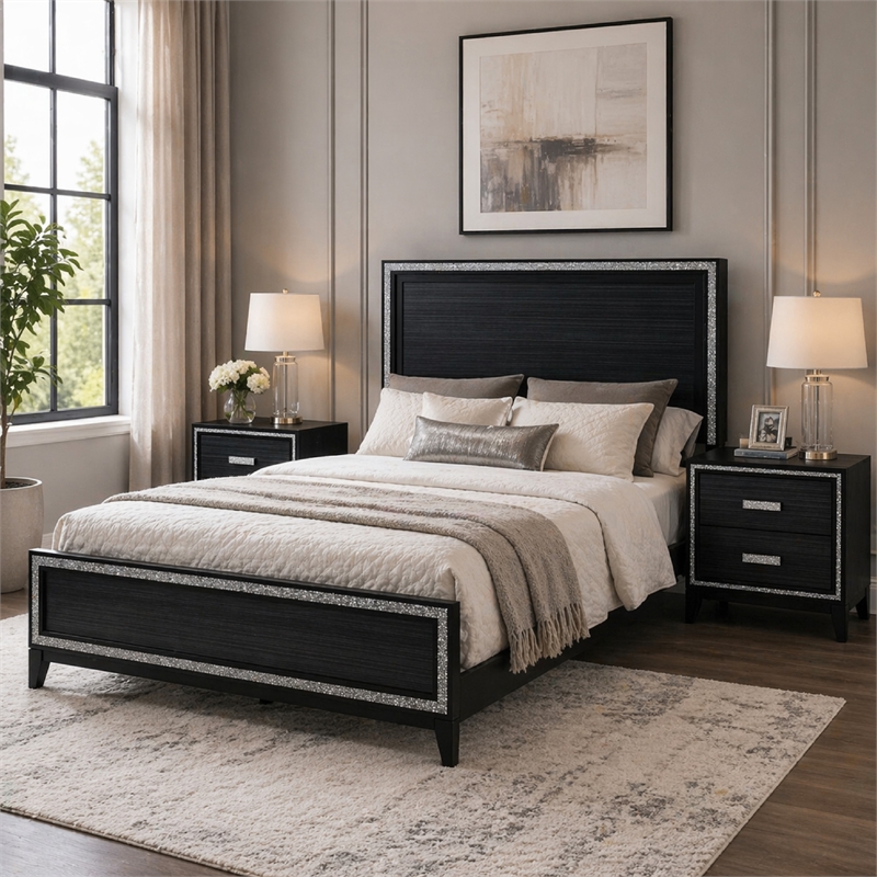 Queen Size Bedroom Set- Black Finish- 3-Piece Set with Bed and Two Nightstands