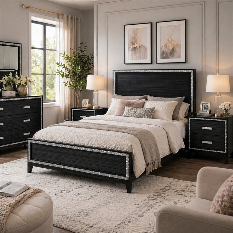 Queen Size Bedroom Set- Black Finish- 3-Piece Set with Bed and Two Nightstands