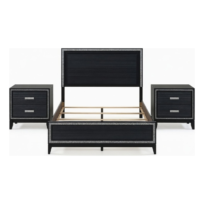 Queen Size Bedroom Set- Black Finish- 3-Piece Set with Bed and Two Nightstands